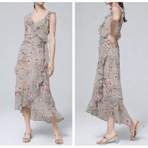 White House Black Market Leopard Floral Chiffon Wrap High-Low Maxi Dress 4 Ruffl